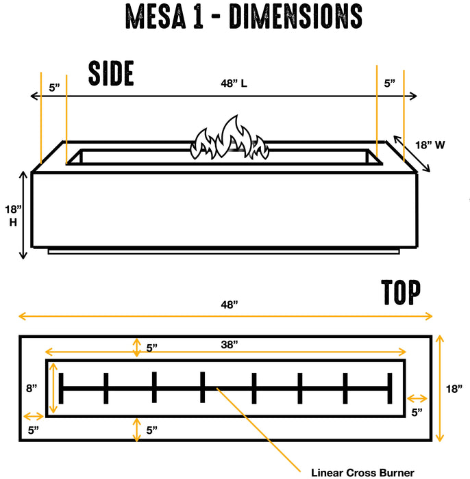 MESA 1 - 48" Premium Rectangular Cement Fire Pit Table Bowl GFRC Square Concrete - Natural Gas or Propane Charcoal / Propane