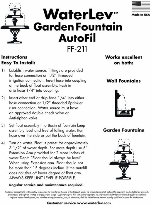 USA MADE Fountain Water Level Kit Float Valve Premium Durable ABS Plastic Float Ball Valve For Livestock Water Trough, Aquariums, Hydroponics Ponds, & Garden - Automatic Fill and Control Water Level
