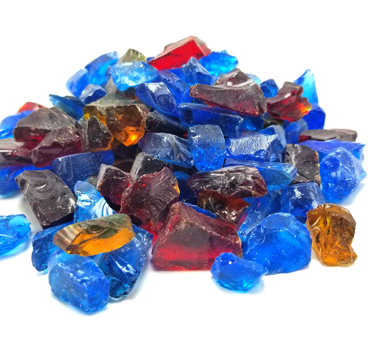 10lbs "Hawaiian Blend" Blue, Red & Amber 1/2" - 3/4"  - Tempered Fire Glass