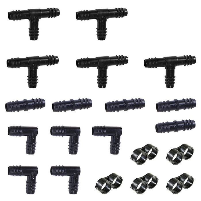 (20 Piece) 1/2" Barb Insert Drip Fittings Kit Tee, Coupling, Elbow & Ends (Black) 16 mm