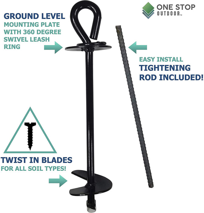 Dog Tie Out Stake - Heavy Duty Portable Screw & Twist In Pet Ground Anchor - Rotating Swivel Tether