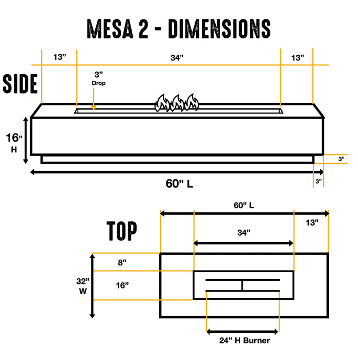 MESA 2 - 60" Premium Rectangular Cement Fire Pit Table Bowl GFRC Square Concrete - Natural Gas or Propane