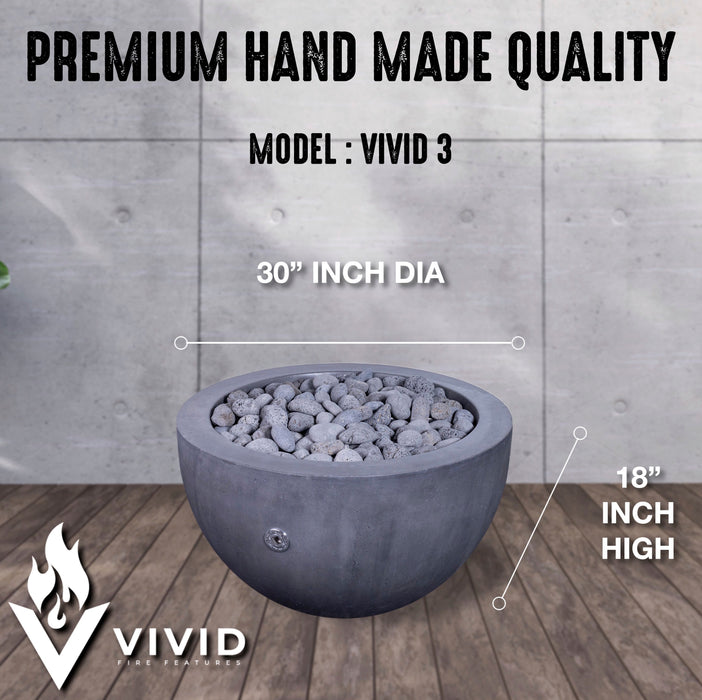 VIVID 3 - 30" Premium Round Cement Fire Pit Table Bowl GFRC Concrete - Natural Gas or Propane