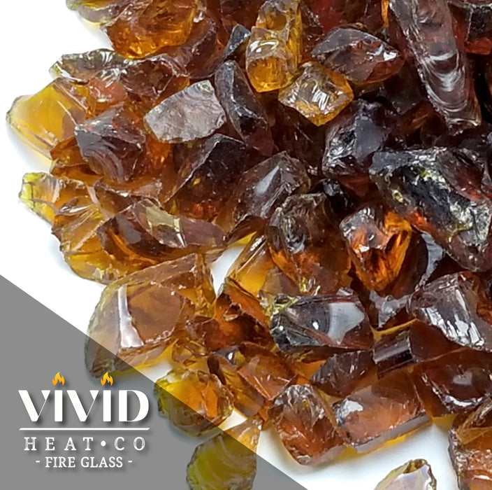 VIVID Heat - Vibrant Luster "Amber" 1/4" Rough Crushed Gem Style, (Price by the Pound) - Tempered Fire Glass Rock for Fireplace and Fire Pit