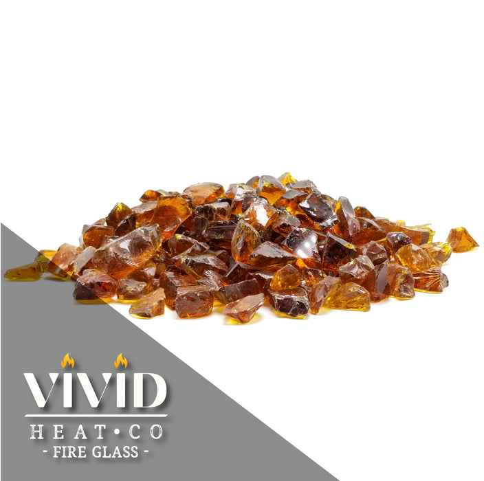 VIVID Heat - Vibrant Luster "Amber" 1/4" Rough Crushed Gem Style, (Price by the Pound) - Tempered Fire Glass Rock for Fireplace and Fire Pit
