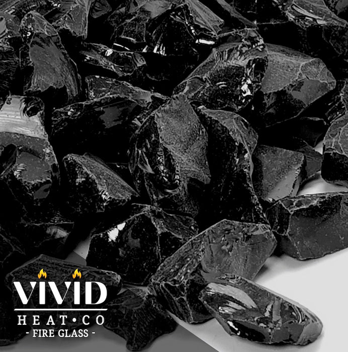 VIVID Heat - Vibrant Luster "Onyx Black" 1/2" - 3/4" Large Rough Gem Size, (Price by the Pound) - Tempered Fire Glass Rock for Fireplace and Fire Pit
