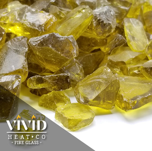 VIVID Heat - Vibrant Luster "Ember Yellow" 1/4" Rough Crushed Gem Style, (Price by the Pound) - Tempered Fire Glass Rock for Fireplace and Fire Pit